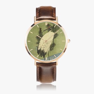 Hiroshige White Crane Watch - Thin Leather Strap Quartz Watch image 2