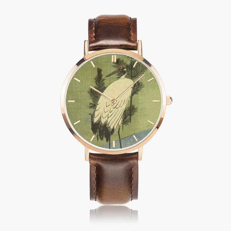 Hiroshige White Crane Watch - Thin Leather Strap Quartz Watch image 2