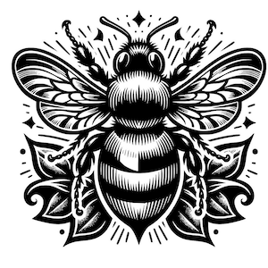 May include: Black and white illustration of a bee with wings spread, surrounded by stylized floral elements. The bee has a striped abdomen and a detailed head with large eyes.