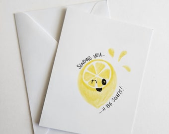 Sending you a big sqeeze. Blank watercolor handmade greeting card with envelope. Punny, fun, for friend.