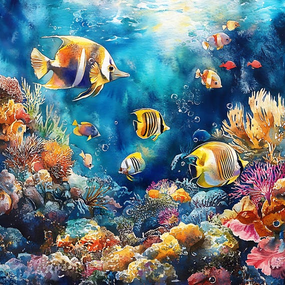 水中サンゴ礁キャンバスプリント：熱帯魚の壁アート - Etsy 日本