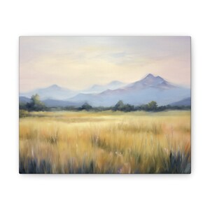 Serene Meadow Mountain Range, Soft Colors, Oil Painting, Canvas Stretched, 0.75"