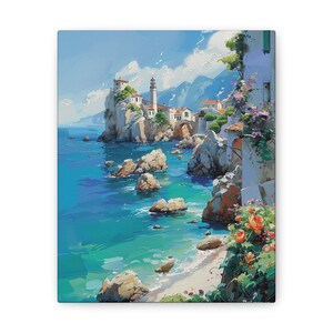 Rustic Painting Vintage Coastal Town Beach Print Country Wall Decor Vintage Landscape Antique Scenery Print Canvas Prints Art .75&quot; Canvas