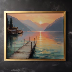 Dock Sunset Painting Nature Landscape Canva Home Decor Wall Art Sunset Wall Decor Canvas Painting Print Holiday Gift Idea Cafe Art