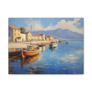 Coastal Town Canvas Painting Vintage Shoreline Town Wall Art Decor Holiday Gift Idea Office Decor Canvas Stretched, 0.75&quot;