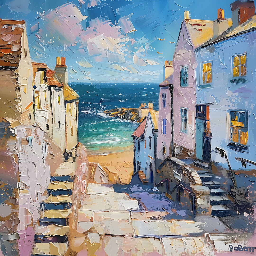 Coastal Town Painting - Beach Landscape Wall Art, Coastal Town Decor ...