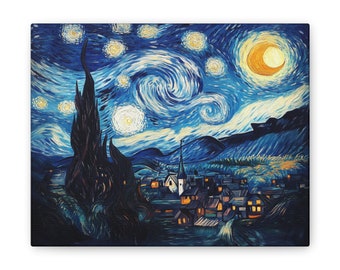 ヴァン・ゴッホの星月夜風キャンバスプリント：ヴィンテージの月光風景