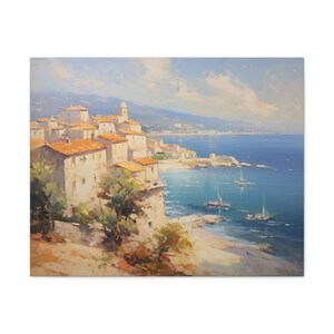 Coastal Town Canvas Art: Vintage Mediterranean Seascape Painting
