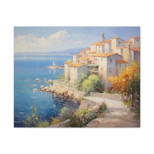 Coastal Town Canvas Painting: Vintage Mediterranean Seascape Wall Art