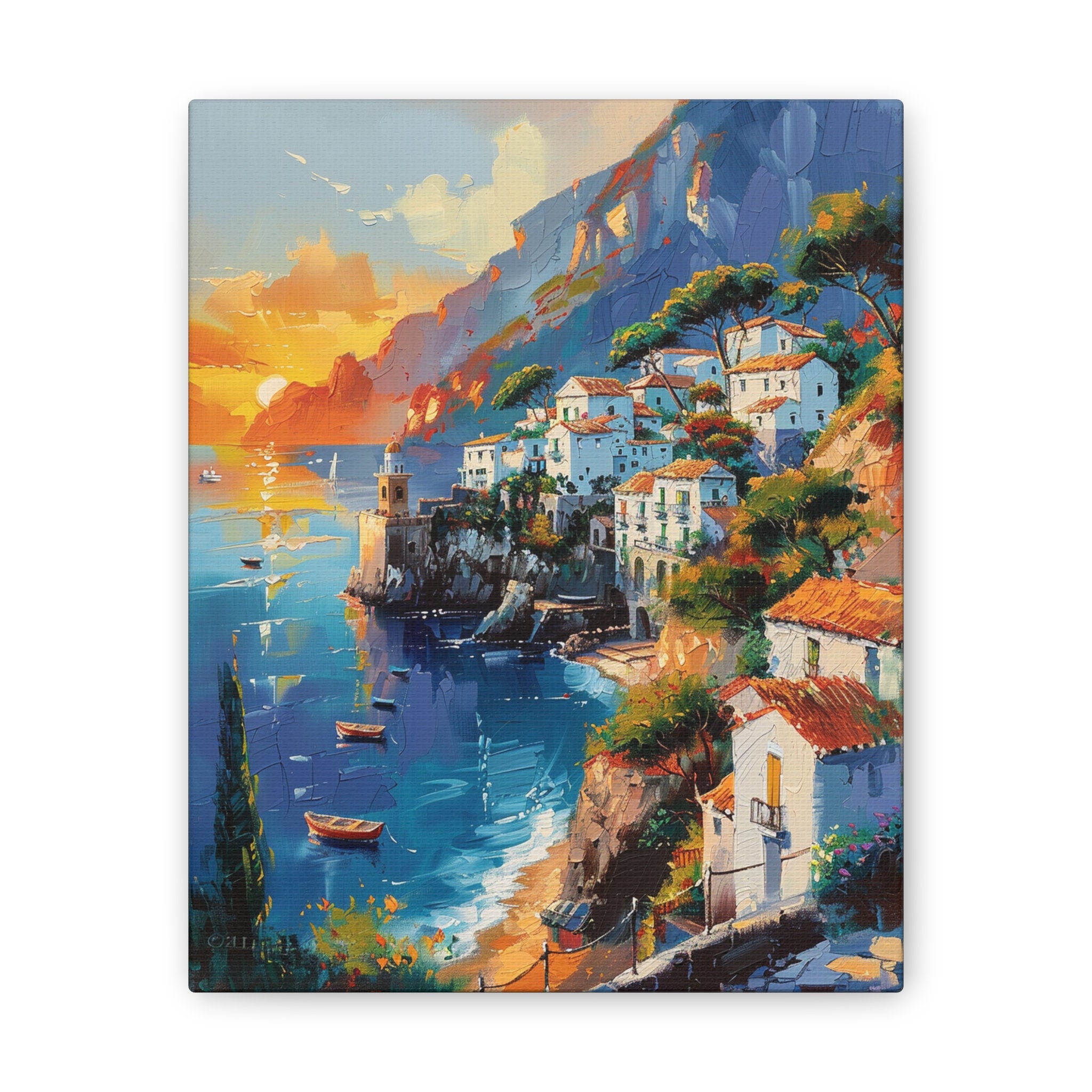 海岸沿いの町の油絵：海辺の風景画 - Etsy 日本