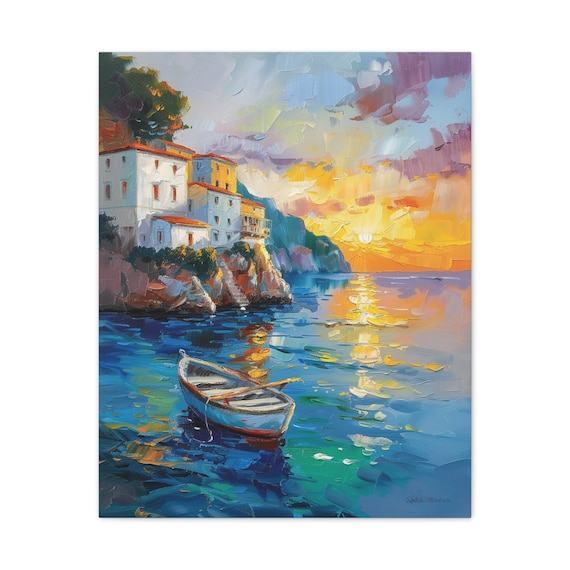 海岸沿いの町を描いたキャンバスの油絵：海景ウォールアート - Etsy 日本
