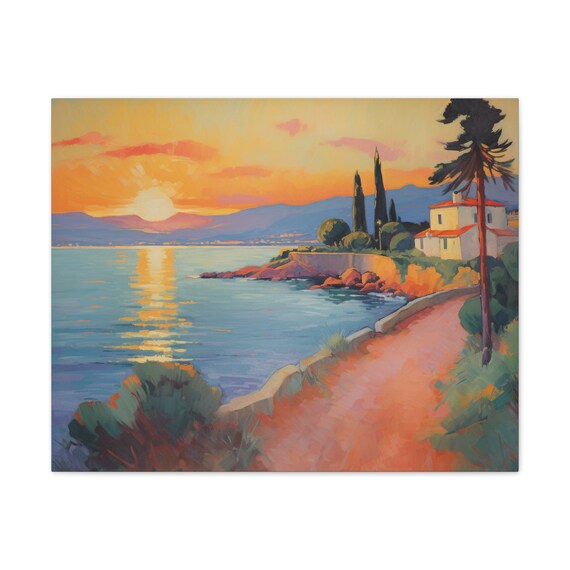 ヴィンテージの海岸沿いの町のキャンバス絵画：海岸線の壁アート装飾