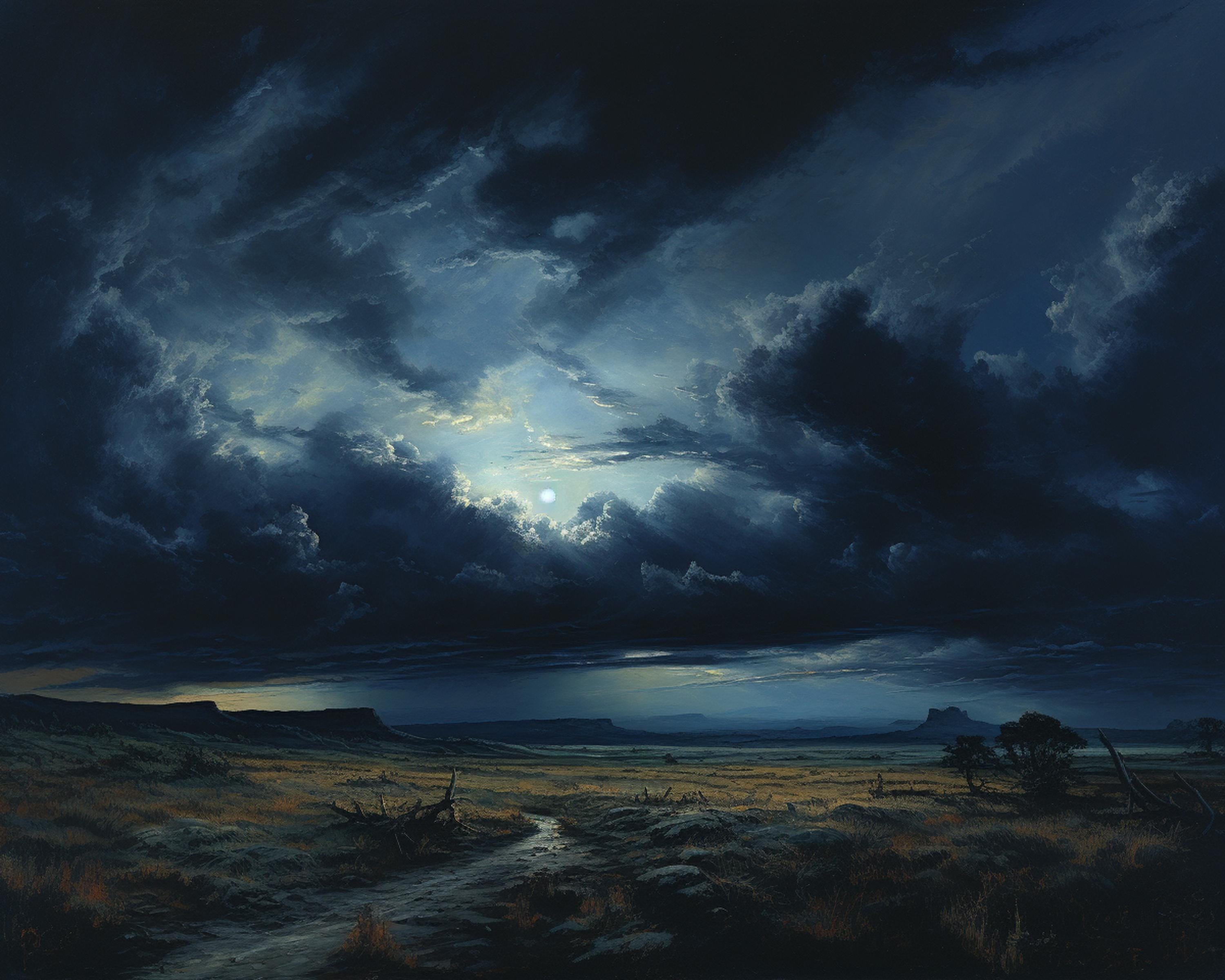 キャンバスアート　2,5D 35cm×53cm ヴィンテージ夜空キャンバスアート：嵐雲の風景画 - Etsy 日本