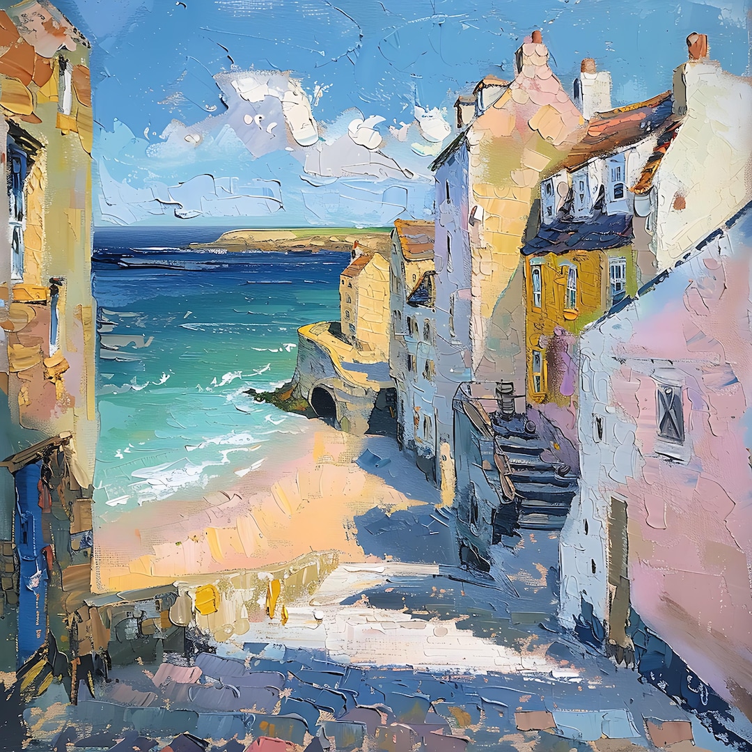 Coastal Town Painting - Seaside Villa Wall Art, Shoreline Nature Decor ...