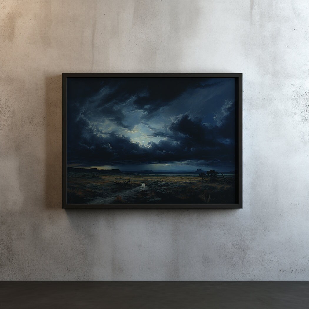 ヴィンテージ夜空キャンバスアート：嵐雲の風景画 - Etsy 日本