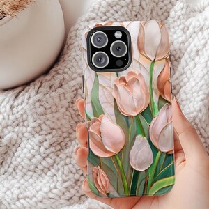 Magnetiskt, tåligt iPhoneskal med färgat glas - rosa tulpan, kokett, estetiskt blommigt telefonskal - 13 14 15 16 Pro Plus Mini Max födelsedagsflicka