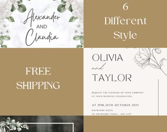 6 Styles of Custom Wedding Invitations, Includes Envelopes, Modern Design, Shiny Gloss Finish