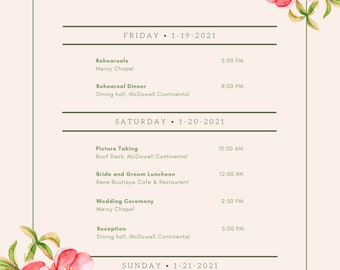 Wedding Itinerary, Thank You Letter Template Bonus, Minimalist Wedding Order of Events, Tropical, Floral, MADE TO ORDER 100% Personalized