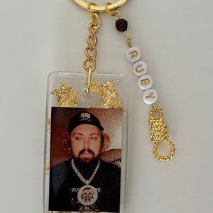 Ruby Large Resin Keychain with Garnet, White + Gold Letters, Suicideboys, Grey59, Blanco Leopardo, G59