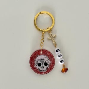 G59 Suicideboys Logo Resin Keychain, Grey59 Skull, Red Glitter, Gold Toned Hardware, Carnelian Gemstone, Ruby da Cherry, Scrim, Handmade