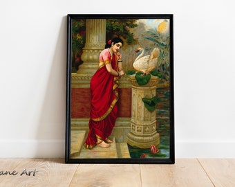 Impression Raja Ravi Varma : Art indien Hamsa Damayanti (téléchargement numérique)