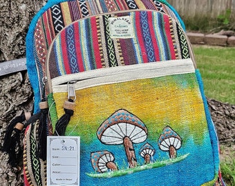 キノコ刺繍の麻バックパック：ネパール風ボヘミアンヒッピーバッグ