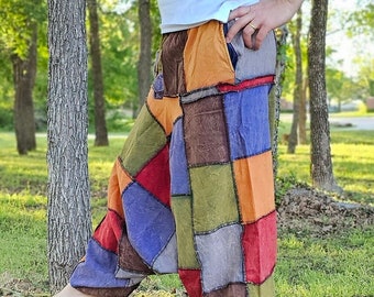 Pantalón de yoga cómodo unisex, hecho a mano orgánicamente, patchwork natural lavado a la piedra, hippie colorido, harén de cáñamo