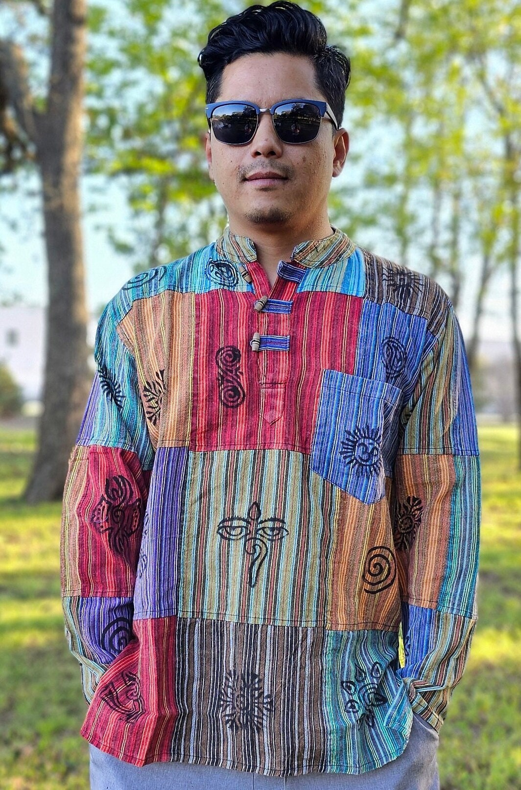 90‘s rich hippie patchwork army shirts Camp Collar Shirt - Earth Patchwork | AKASHI-KAMA Shirting