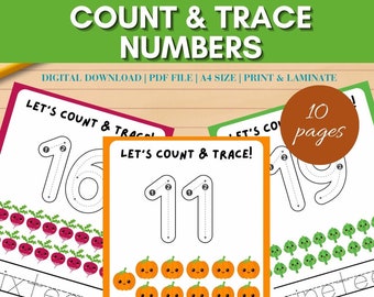 May include: Educational printable featuring number tracing and counting practice. The image shows three colorful pages with numbers 11, 16, and 19, along with corresponding illustrations of pumpkins, radishes, and trees. The text "COUNT & TRACE NUMBERS" is at the top.