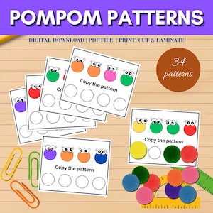 Cartões com padrões de pompons, brinquedos Montessori para crianças, atividades de aprendizagem, jogos sensoriais para educação domiciliar, jogos de colorir e padrões, artesanato com pompons para crianças pequenas