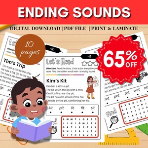 May include: A printable educational worksheet for children to learn about ending sounds. The worksheet features a colourful illustration of a boy reading a book, a girl holding a cat, and a word search puzzle. The text on the worksheet includes the words "Ending Sounds", "Let's Read", "Tim's Trip", and "Kim's Kit".