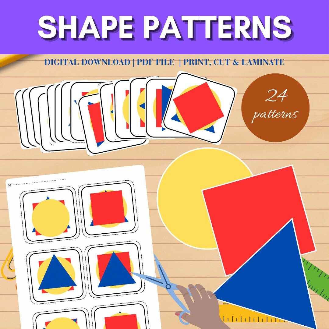 T Shape Card Stack Montessori Shape Pattern Cards: Primary Colors Stacking Game (digital ...