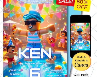 Roblox Pool Party Invitation: Gamer Birthday Invite (Digital Download)
