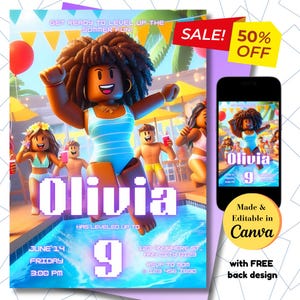 Może przedstawiać: Kolorowe zaproszenie na 9. urodziny z motywem Roblox. Zaproszenie przedstawia postać z kreskówki w niebieskim stroju kąpielowym, basen i tekst "Olivia awansowała do 9. poziomu".