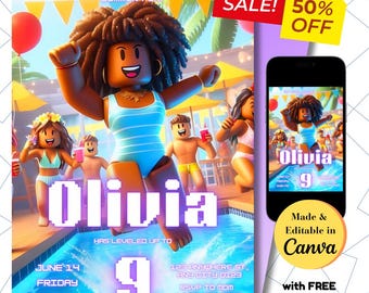 Roblox Pool Party Birthday Invitation: Gamer Girl Theme (Digital Download)