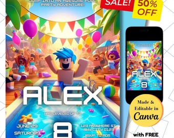 Roblox Pool Party Invitation: Gamer Birthday Invite (Digital Download)