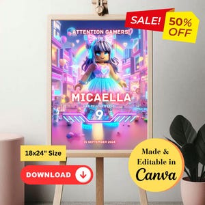 Birthday Party Sign Roblox Girl Editable Welcome Sign Canva Roblox Birthday Party Video Game Birthday Kids Birthday Party Favors Game Party