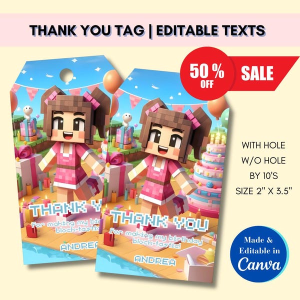Minecrafter Girl Thank You Tags: Editable Party Favor (Digital Download)