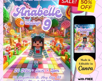 Invito di compleanno modificabile a tema Minecrafter: festa per giocatori, tema Candyland (download digitale)