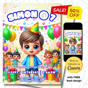 Cute Dolls Birthday Invitation Blue Doll-Themed Digital Card Boy&#39;s Baby Doll Party Invite Editable Kids Birthday Template Instant Download