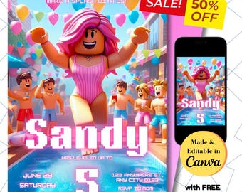 Roblox Pool Party Birthday Invitation: Gamer Theme (Digital Download)