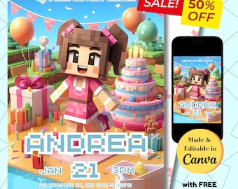 Invito di compleanno modificabile per Minecrafter: festa per giocatori (download digitale)