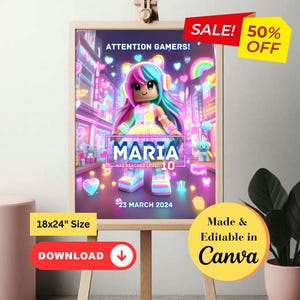 Birthday Party Sign Roblox Girl Editable Welcome Sign Canva Roblox Birthday Party Video Game Birthday Kids Birthday Party Favors Game Party