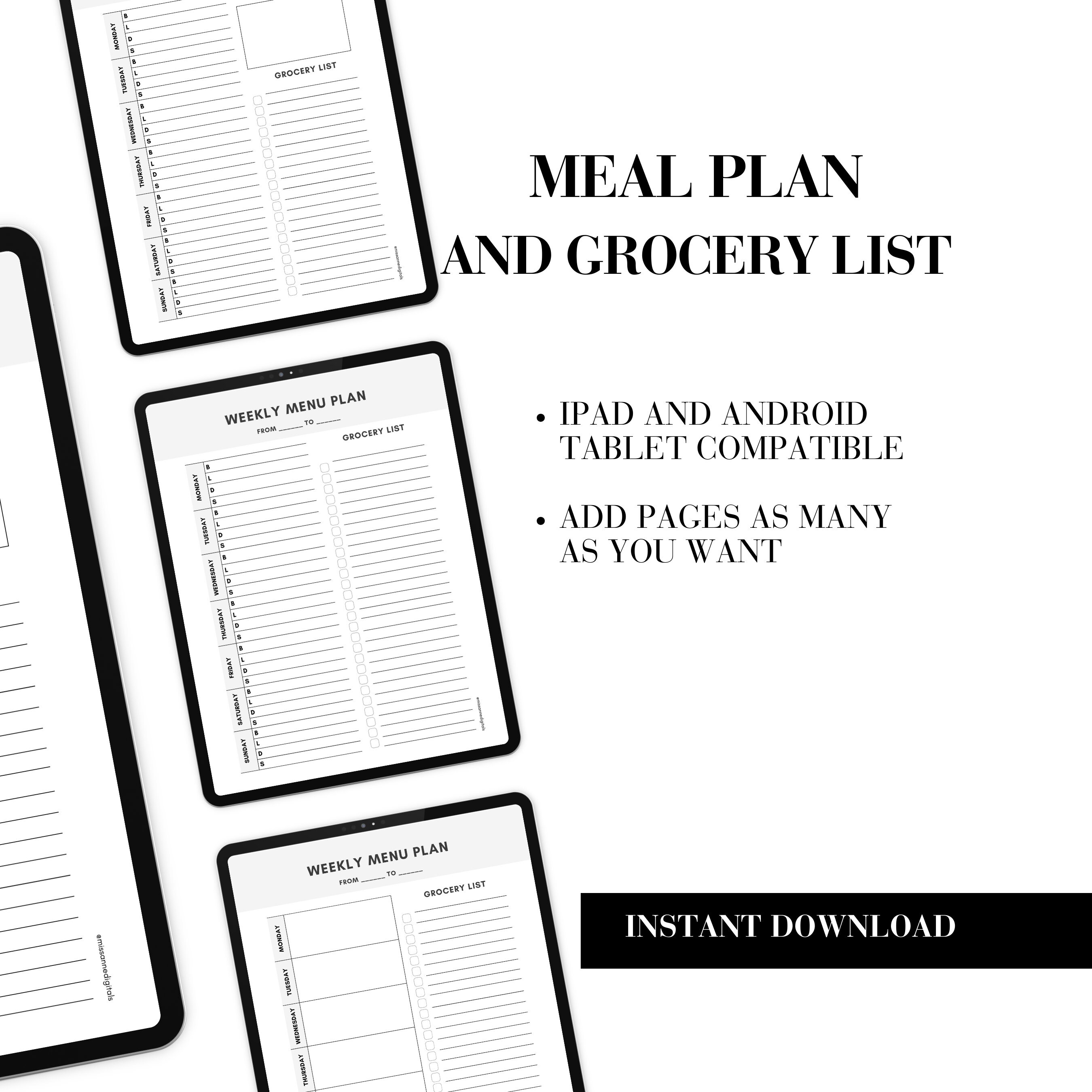 Weekly Meal Plan With Grocery List Template in 4 Versions Instant ...