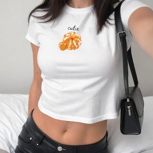 Cutie Tangerine Citrus Baby Tee for Women, Trendy Summer Fruit Graphic Shirt, Y2K Soft Girl Baby Tee