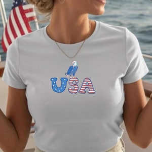 USA Flag Baby Tee for Women, Retro USA Baby Tee for Women, American Eagle 4th of July Shirt, Vintage Patriotic Crop Top,Cute 4th of July Tee
