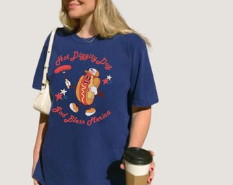 Hot Dog Fourth of July T-Shirt Hot Diggity Dog Tee American Hot Dog Shirt God Bless America Graphic Tee Independance Day Merica Hotdog Top