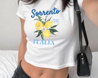 Italiaans baby-T-shirt met citroen voor vrouwen, schattige vintage esthetische crop top, vakantieshirt Amalfikust-stijl, T-shirt citroen, grafische T-shirt citroen, Y2K-zomermode