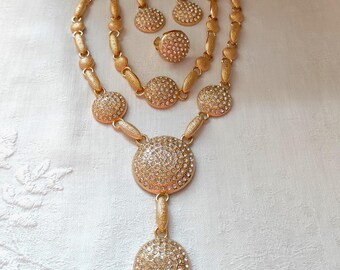 Vintage Hollywood Glamour Rhinestone Jewelry Set, Gold Tone Parure