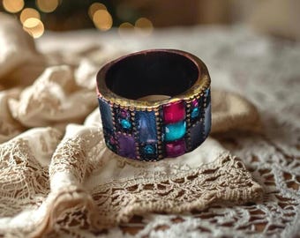 Boho mozaïek wijnharsring, kleurrijke dikke statementband, uniseks etnische tribale sieraden glas-in-loodring